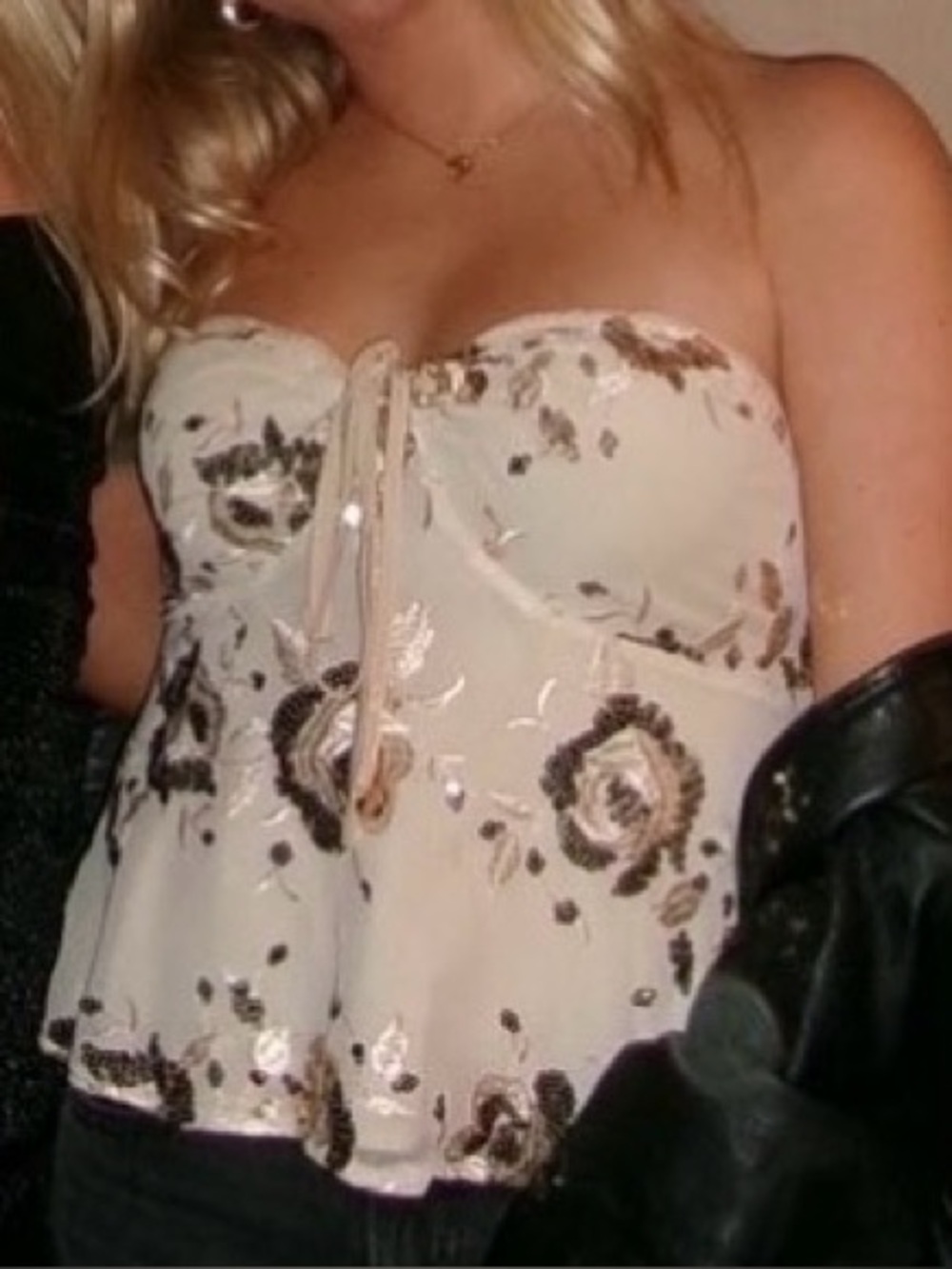 Strapless Cream Floral Sequin Peplum Top Blouse